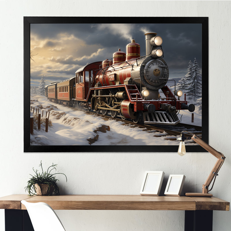Train de Noël campagne d'hiver - train, art mural, Cadre d'angle fermé noir, H 30 po x l 40 po x P 1,5 po