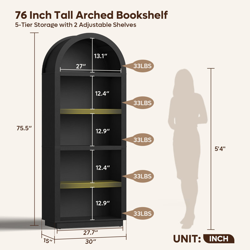 75.55cm H x 30.08cm W Standard Bookcase, Black