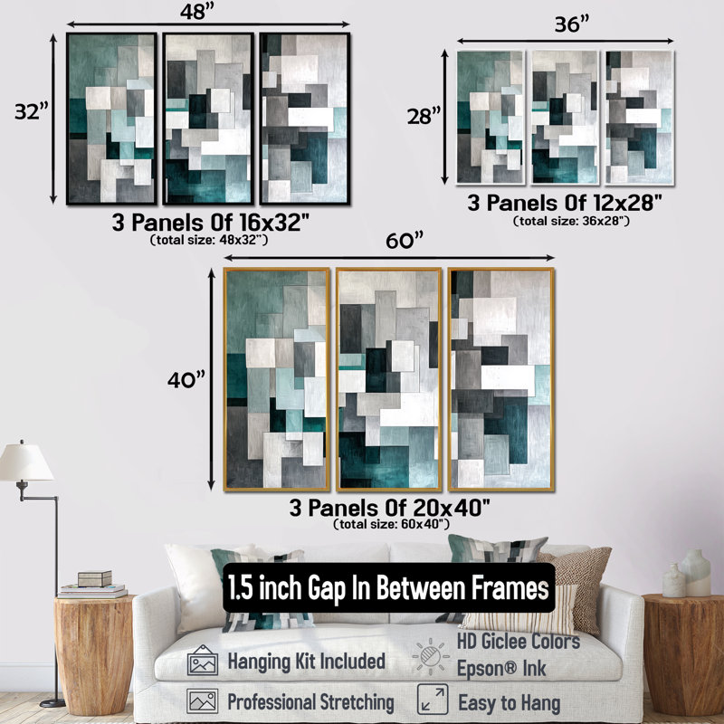 Gris et vert, cubisme, miroir, ensemble d'art mural abstrait cubisme, 32" H x 48" W, Reproduction avec cadre flottant, Brun