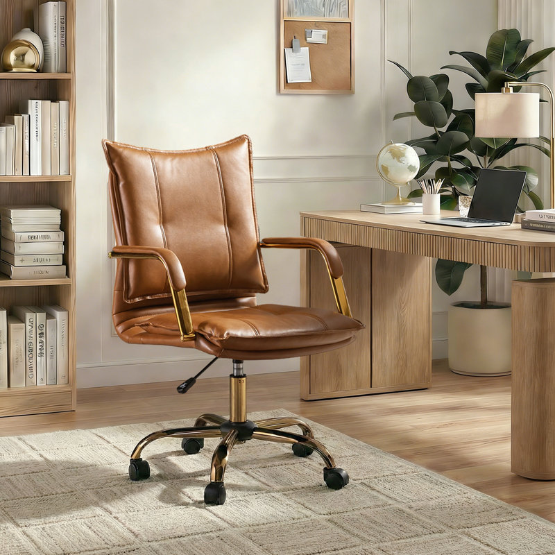 Lundgren Faux Leather Task Chair with Padded Arms, Camel Faux Leather