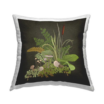 Forest Foliage and Rustic Mushrooms over Grey Outdoor Printed Pillow by House of Rose