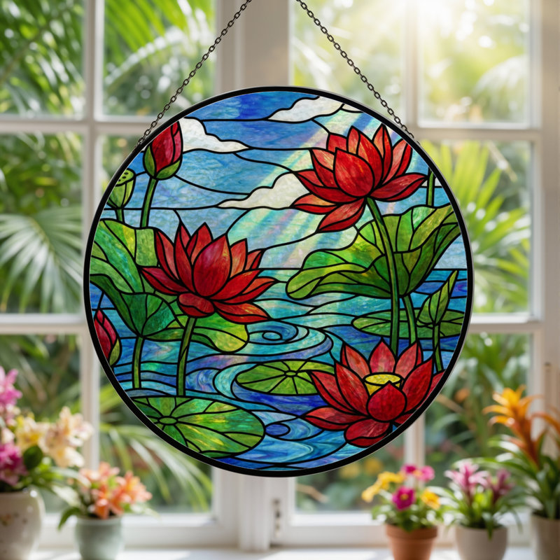 Panneau de vitrail 12 "H Water Lily, H 12 po x l 12 po