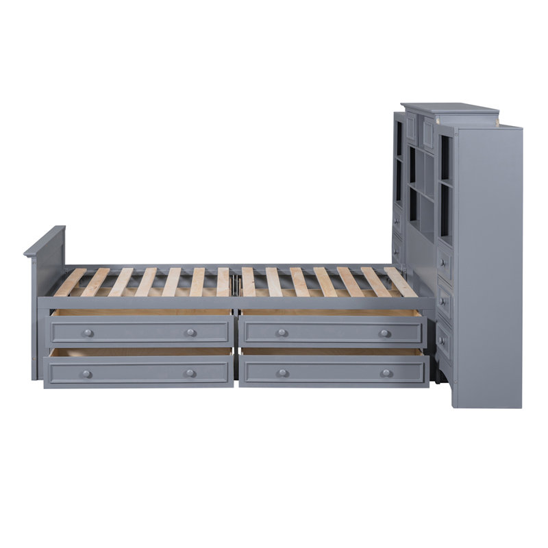 Lit plateforme moderne en bois avec armoire verticale tout-en-un et 4 tiroirs de chaque côté, Gris