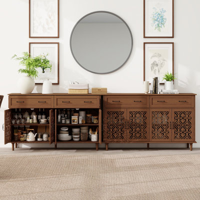 Vintage Sideboard Buffet Cabinet with Hand-Carved Geometric Doors