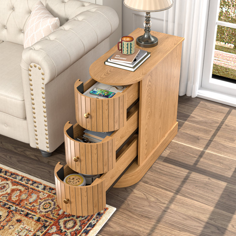 Sofa End Table With 3 Drawers, Narrow Arch Side Table With Storage, Slim Nightstand, Natural