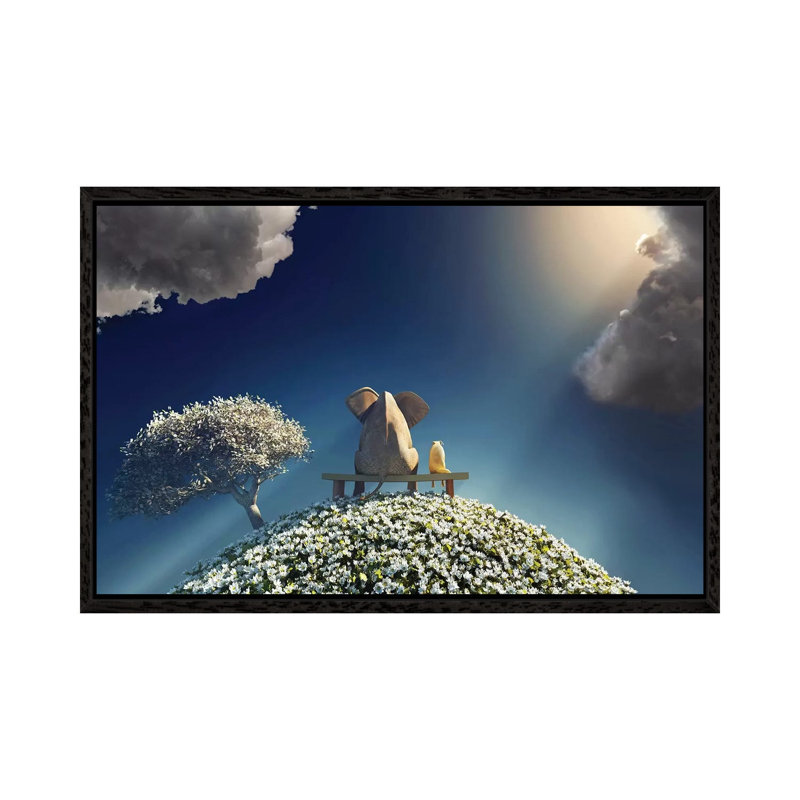 Elephant And Dog Sitting On A Spring Planet by Mike Kiev - Print on Canvas, Black Framed Canvas, 101.6 cm H x 66.04 cm W