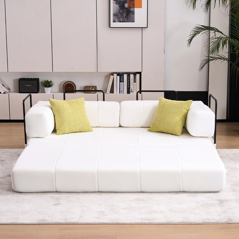 78.5" Fold Out Couch, Folding Bed With Foam Spring Floor Mattress And 2 Pillows, Futon For Living Room, Beige Corduroy 3 - Seater, No Assembly Needed Convertible 78.5", Pillows Mattress, Office