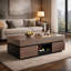 Table basse extensible rectangulaire avec compartiments de rangement, compartiments cachés et une tablette ouverte; Table basse de couleur noyer