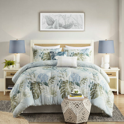 6 Piece Cotton Comforter In Blue Full With Throw Pillow - Tropical Print For A Warm Coastal Bedroom , Easy To Clean Size Oversized Exquisite Machine Washable