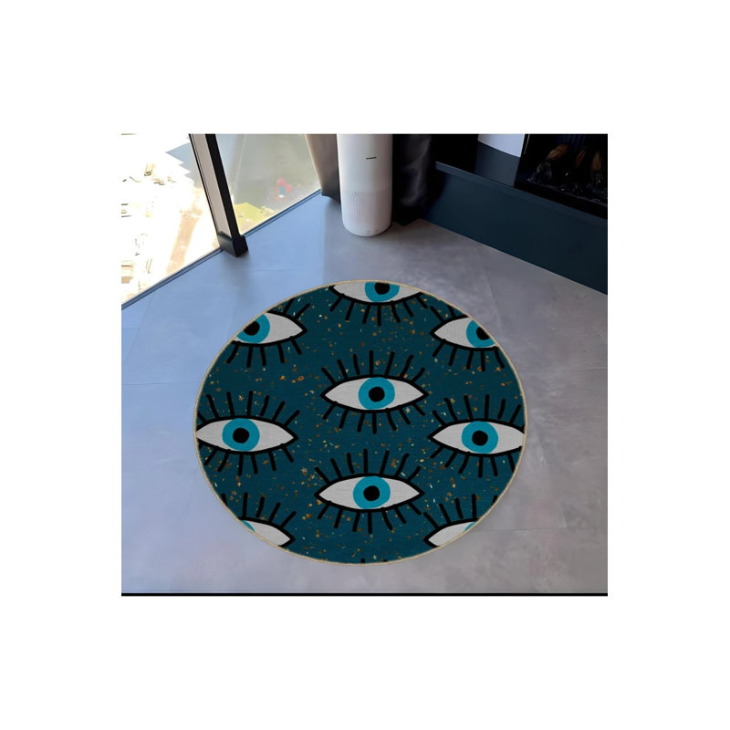 Petrol Green Theme Eye Patterned Round Woven Base Modern Decorative Living Room, Round 2'8"