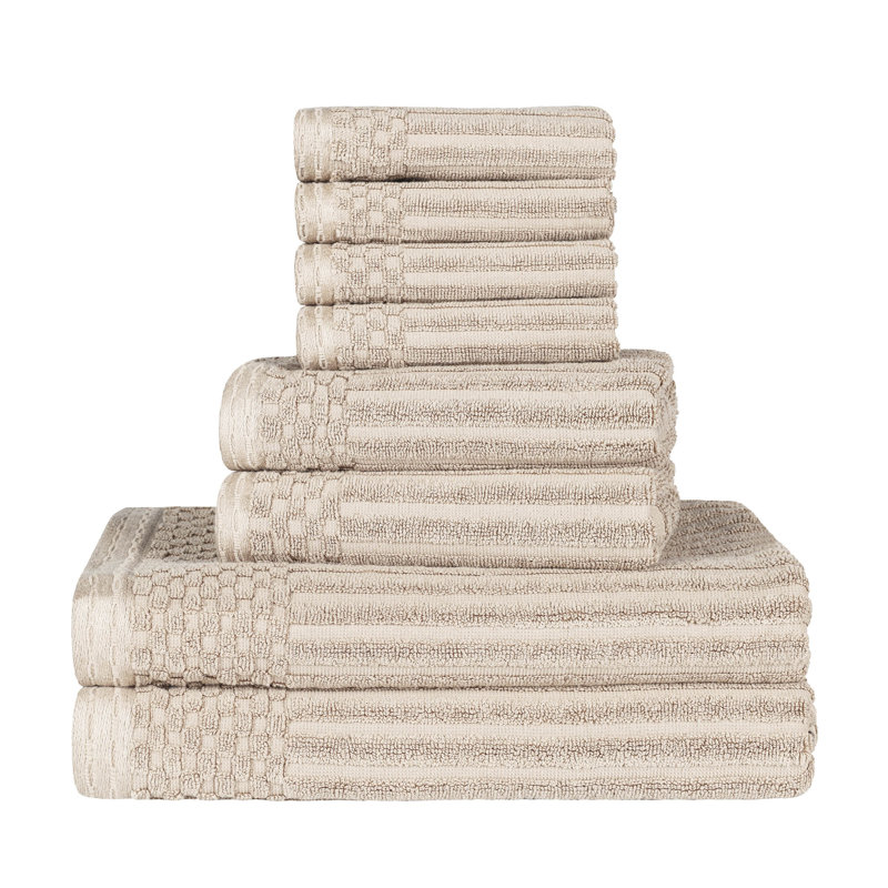 Ruvins Cotton Highly Absorbent 8-Piece Solid and Checkered Border Towel Set, Ivory