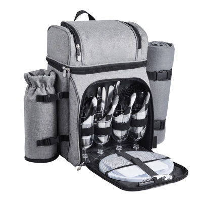 Ensemble de sac à dos de qualité supérieure pour 4 personnes avec glacière isolée, couverture en molleton et vaisselle incassable - Ensemble repas d'extérieur portable