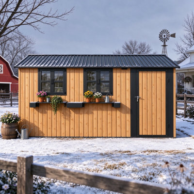 Remise de rangement en acier galvanisé à grain de bois de 10 pi x P 8 pi avec fenêtres et tablettes à fleurs intégrées, porte verrouillable, remise à outils extérieure résistante aux intempéries pour patio