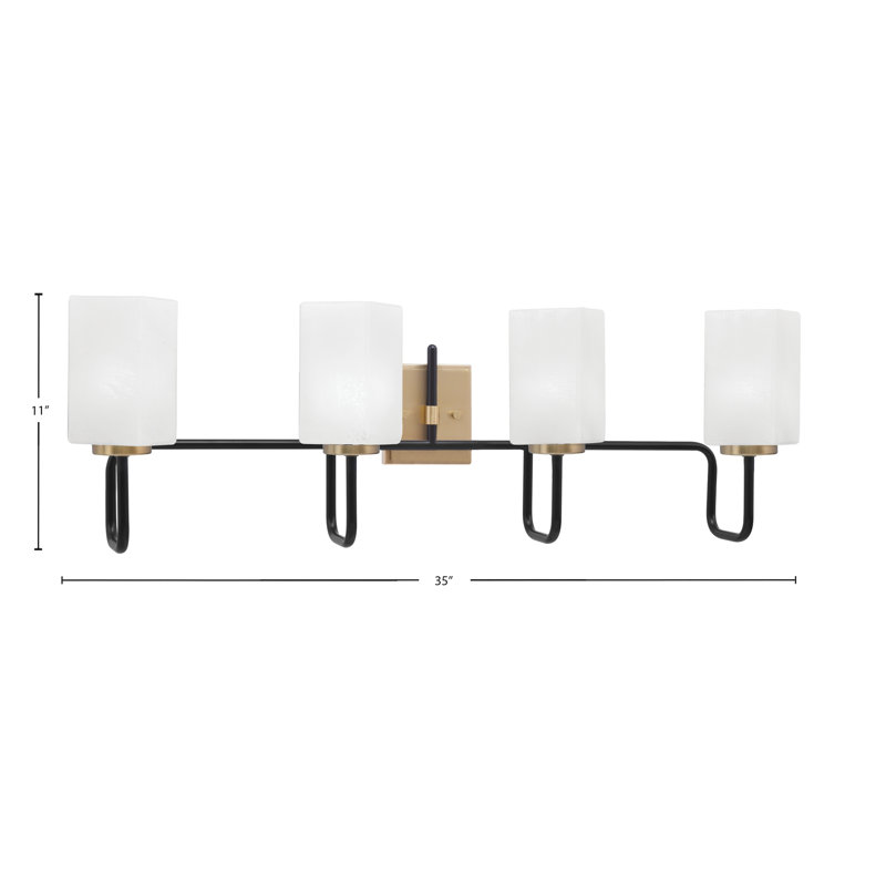 Barre d'éclairage de salle de bain 4 lumières Amarmula, noir mat et laiton vieilli, verre carré de marbre blanc de 3,5 po