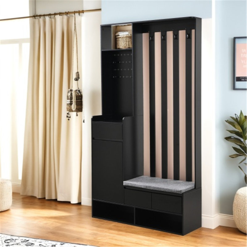 Versatile Hall Tree with Cushioned Bench and Multiple Storage Options, Black