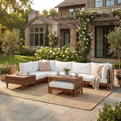8-Piece Acacia Wood Outdoor Patio Sofa Set, Modular Sectional Furniture Set with Storage Tea Table, Coffee Table and Cushions for Backyard, Poolside