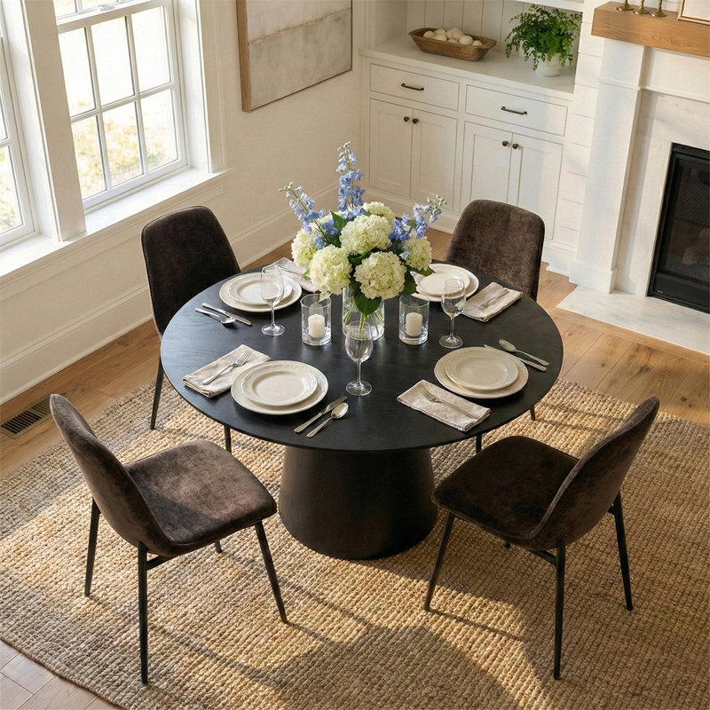 4 - Person Dining Table Sets With Round Table & 4 Upholstered Chenille Chairs, Brown