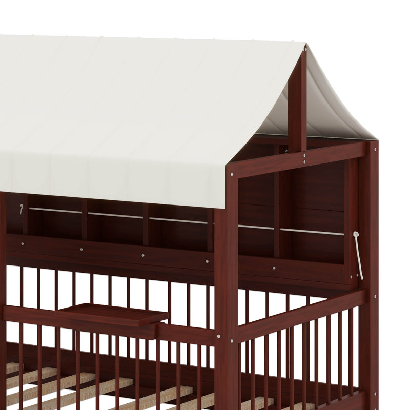 Lit Montessori en bois pour enfant de 2 places avec structure en bois, tente et table de chargement intégrée, lit cabane avec barrières de sécurité ultra-hautes et 2 grands tiroirs, tablette latérale avec bande DEL