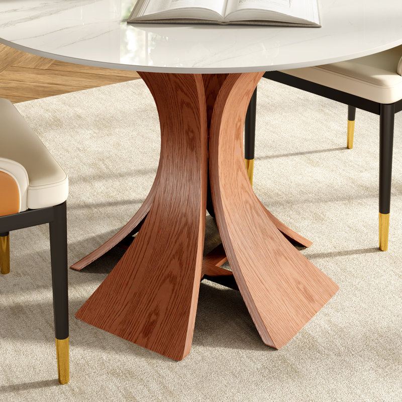 Table de salle à manger Mid-Century ronde avec plateau en pierre frittée et base en bois massif pour 2 à 6 personnes, Blanc