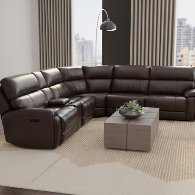 6 modulaires électriques en cuir avec revêtement, appuis-tête, repose-pieds, etc., console multifonctionnelle, brun foncé, canapé en forme de L pour le salon, rangement caché, espace idéal