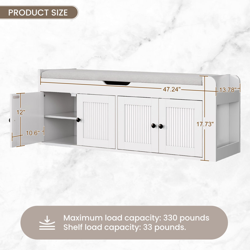 Banc à chaussures 47,3 po, banc de rangement pour chaussures avec 4 portes, banc à chaussures avec coussin supérieur et support latéral pour chambre à coucher, salon et entrée, blanc
