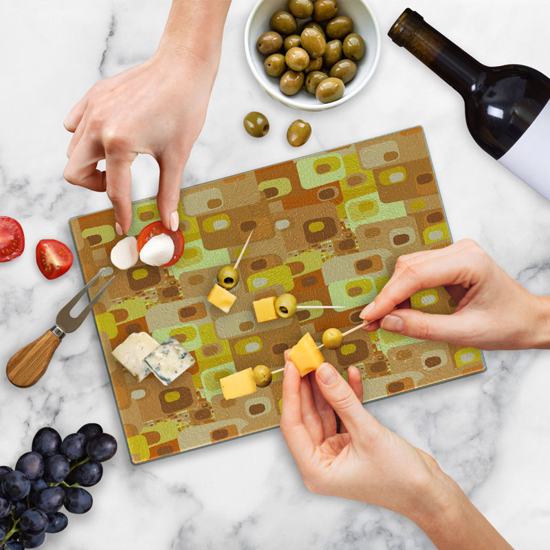 Ambesonne Retro Tempered Glass Cutting Board Rounded Funky Squares Multicolor