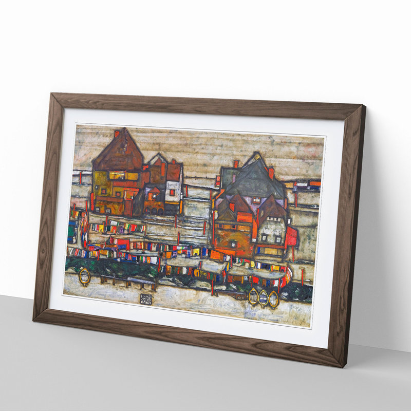 Houses with Laundry by Egon Schiele - Picture Frame Painting, 27cm H x 36cm W x 2cm D, Walnut Framed