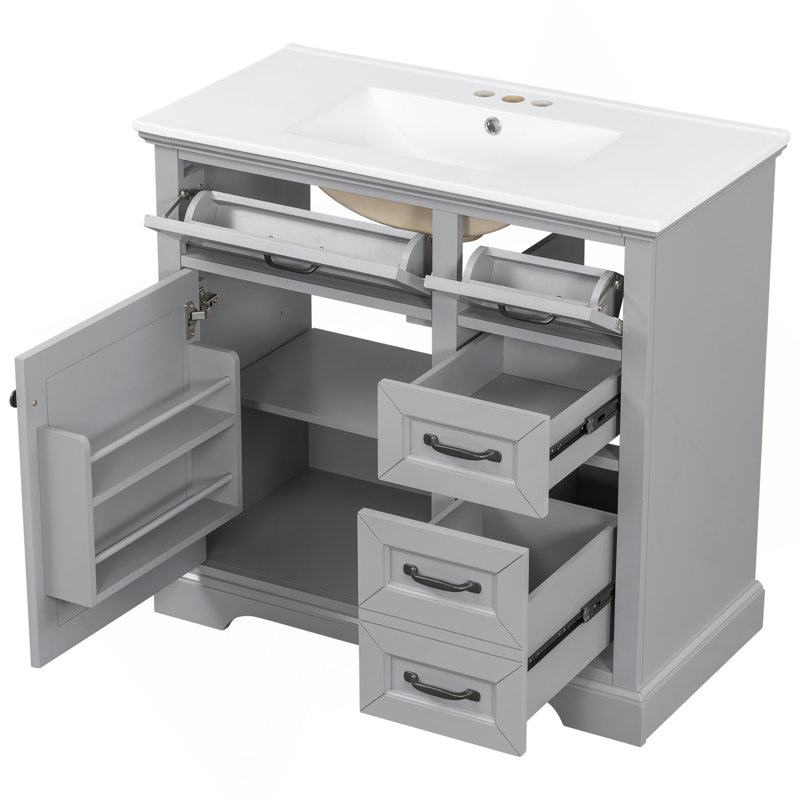Meuble-lavabo 36 po avec lavabo, lavabo en céramique, 2 tiroirs basculants, charnières de porte à fermeture en douceur, gris clair