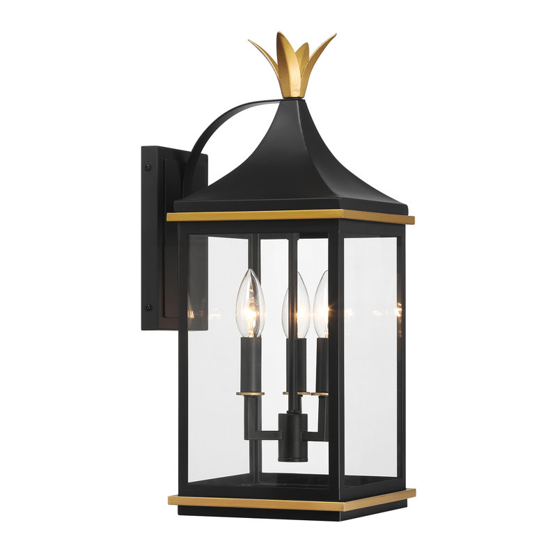 Meggett 3 Light Matte Black + Textured Gold Outdoor Sconce, 19.75" H x 8" W x 10" D