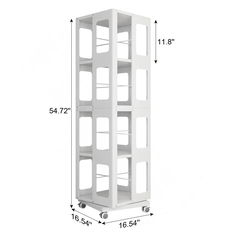 4-Tier All-Steel Rotating Bookshelf With 360° Wheels, Large Size Sturdy & Spacious Book Rack, New Style White Bookshelf,Easy Assembly