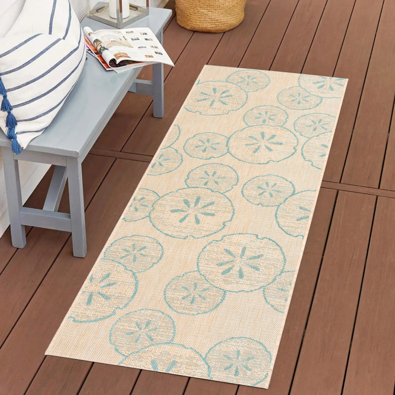 Disney Mickey Mouse Tropical Sand Dollar Oasis Blue/ Sand Flatweave Indoor/ Outdoor Area Rug, Runner 2'2" x 6'