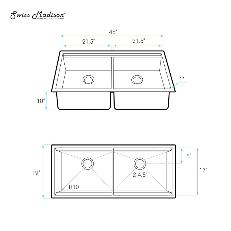 Rivage Basin Undermount Kitchen Workstation Sink, Dual, 45 in x 19 in