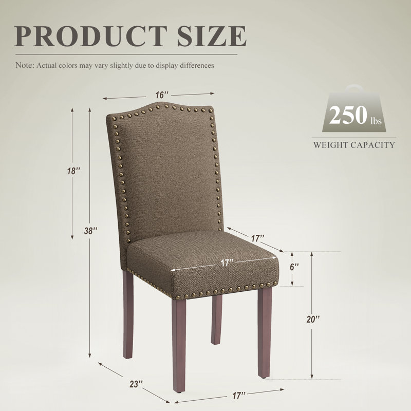 Chaise de salle à manger rembourrée en tissu de lin moderne moelleux de 6 po d'épaisseur avec pieds en bois massif, garniture cloutée et dossier haut ergonomique