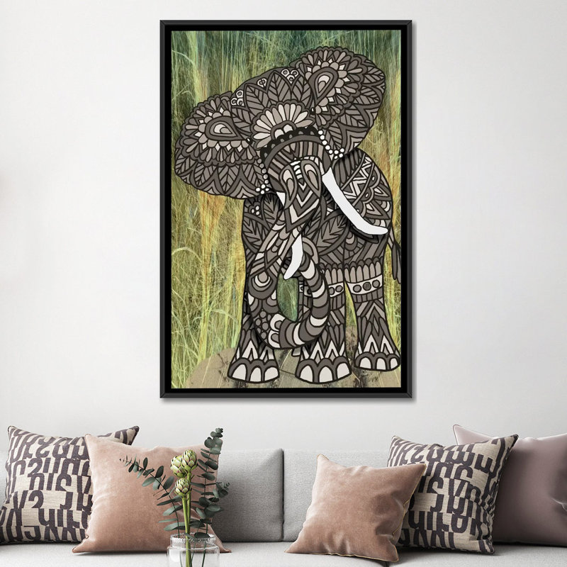 «Ornate Elephant», impression sur toile tendue, H 60 po x l 40po x P 1,5 po, Toile avec cadre noir, Pas de tapis