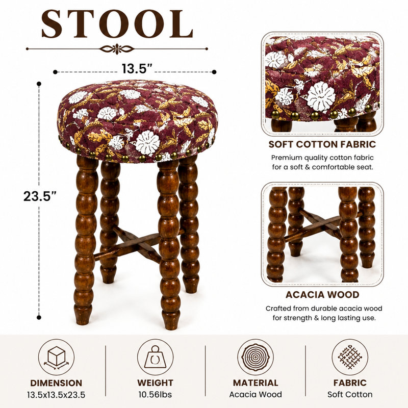 Tabouret de bar rembourré de conception médiévale rétro, Motif floral rouge