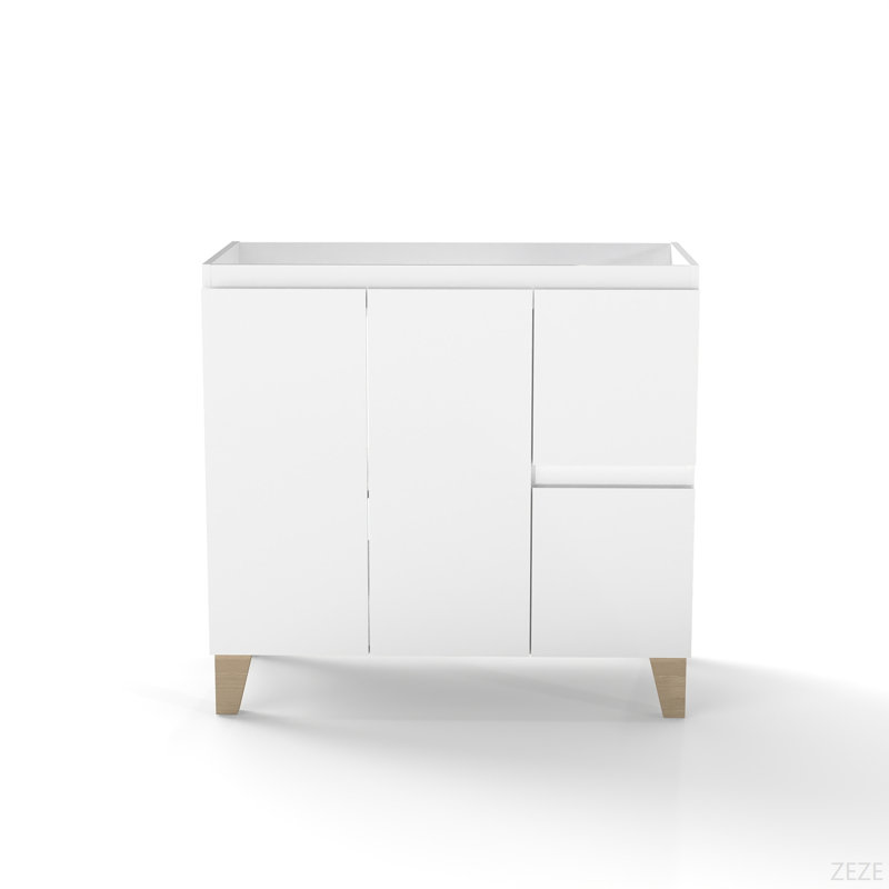 Meuble-lavabo moderne de 36 pouces, armoire avec 2 portes et 2 grands tiroirs, système de fermeture en douceur, conception sans poignée, pieds en bois massif naturel, seulement Cabiney, à utiliser avec un lavabo en céramique de 36 pouces
