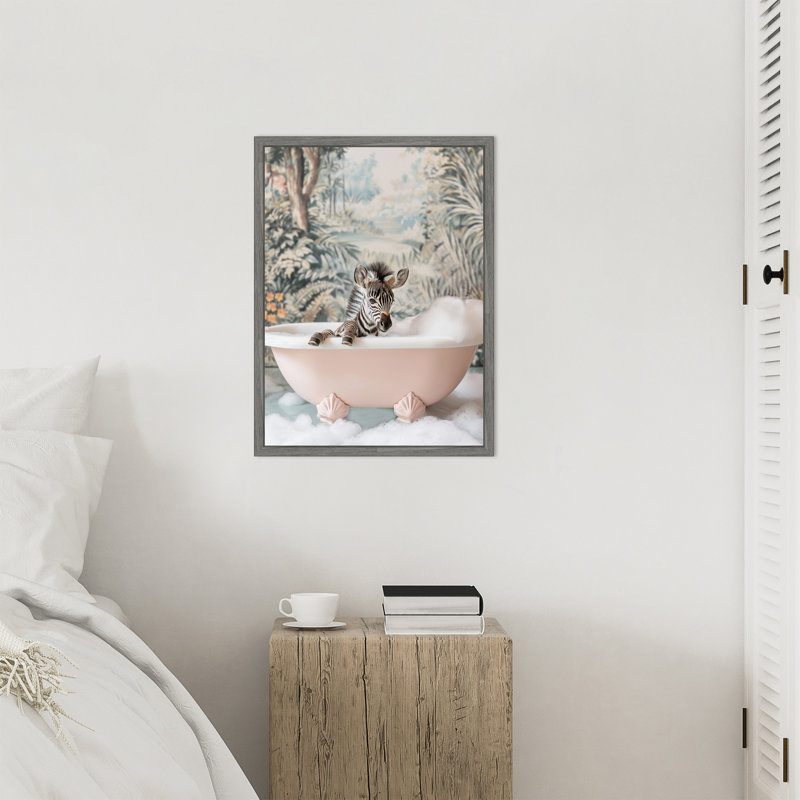 «Zebra Bath Time» par Hostetter, reproduction d'art sur toile encadrée, H 24 po x l 18 po