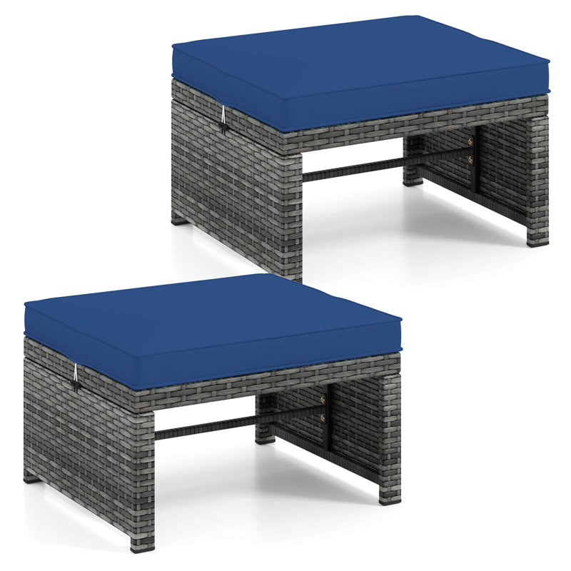 Ensemble de 2 repose-pieds en rotin avec coussins amovibles et structure en métal, Marine