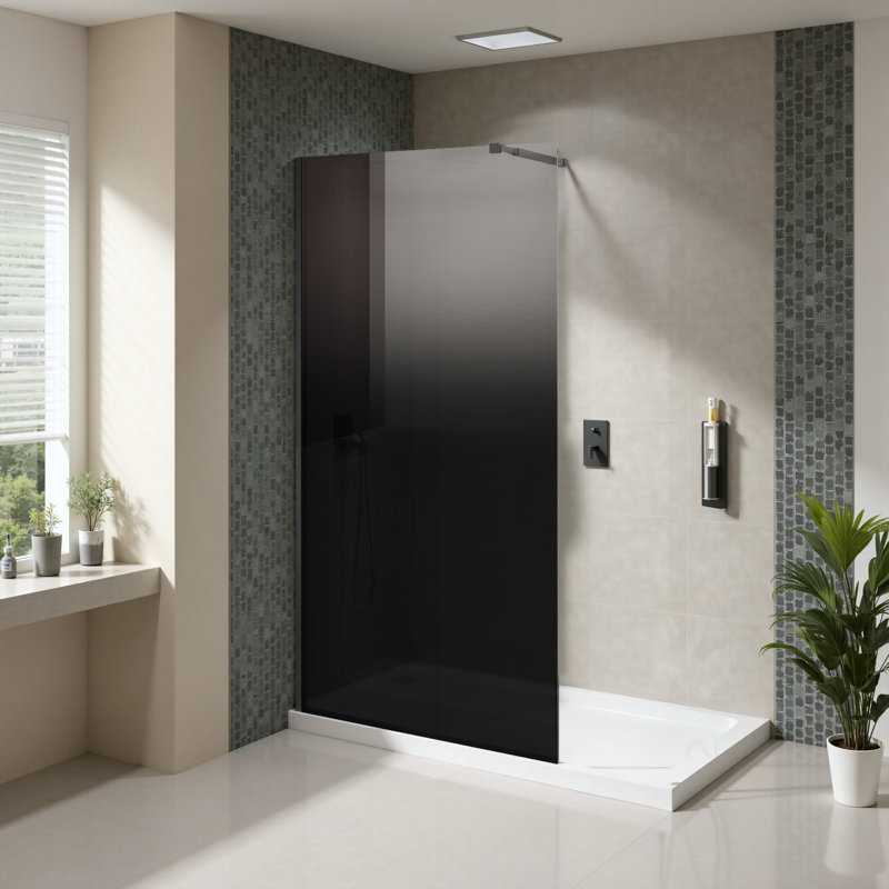 34.in W x 72.in H Shower Door Fixed, 1/4 inch Thick Black Gradient Tempered Glass Shower Door with Stainless Steel Handle for Walk-in Shower