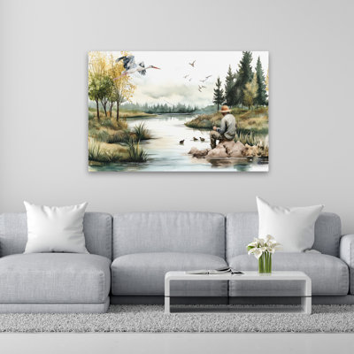 Lake Life Fisherman - Contemporary Man Fishing By The Lake Ducks Forest Background Art