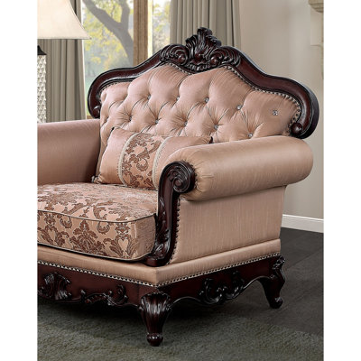 Chaise traditionnelle avec fini cerisier foncé et brun, accoudoirs roulés, garniture cloutée, dossier à boutons, coussin décoratif inclus, tissu en bois massif, pour espace de vie principal, 48,5 po de largeur, 38 po de profondeur, 44,5 po de hauteur