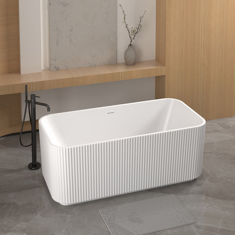 59"Rectangle Linear Acrylic Freestanding Bathtub Stand Alone Soaker Tub, Glossy White Acrylic, POP-UP Chrome Drain, Cupc Certified,