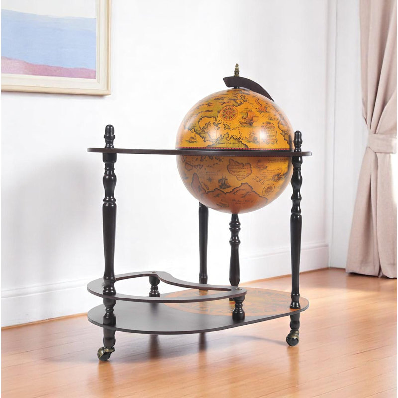 32" Brown Solid Wood Oval Rolling Bar Cart With Wine Storage