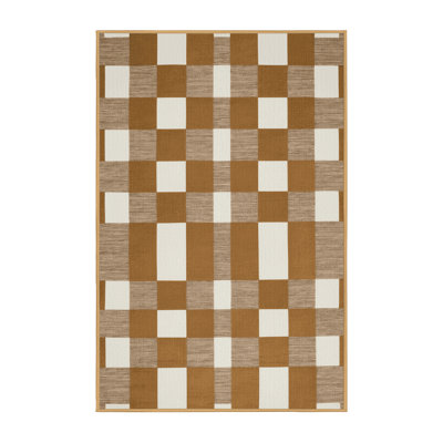 Machine Washable Checkered Brown Area Rug