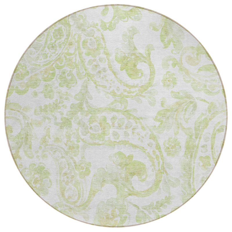 Tapis rond lavable à motif cachemire rond vert et ivoire 8 '