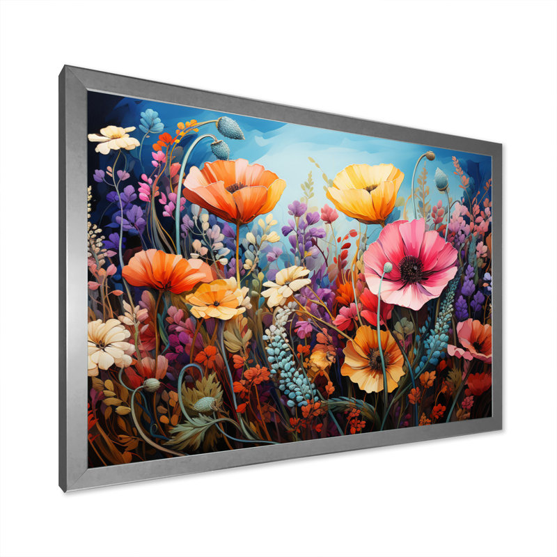 «Wildflowers Natures Bouquet Pointillism Dot I», reproduction sur toile, H 12 po x l 20 po x P 1 po, Cadre simple argenté
