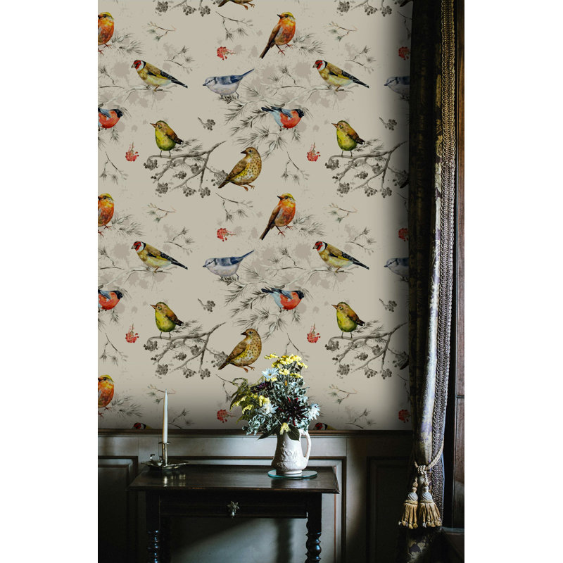Papier peint rétro à motif de branches d'oiseaux en beige doux, L 106 po x l 187 po
