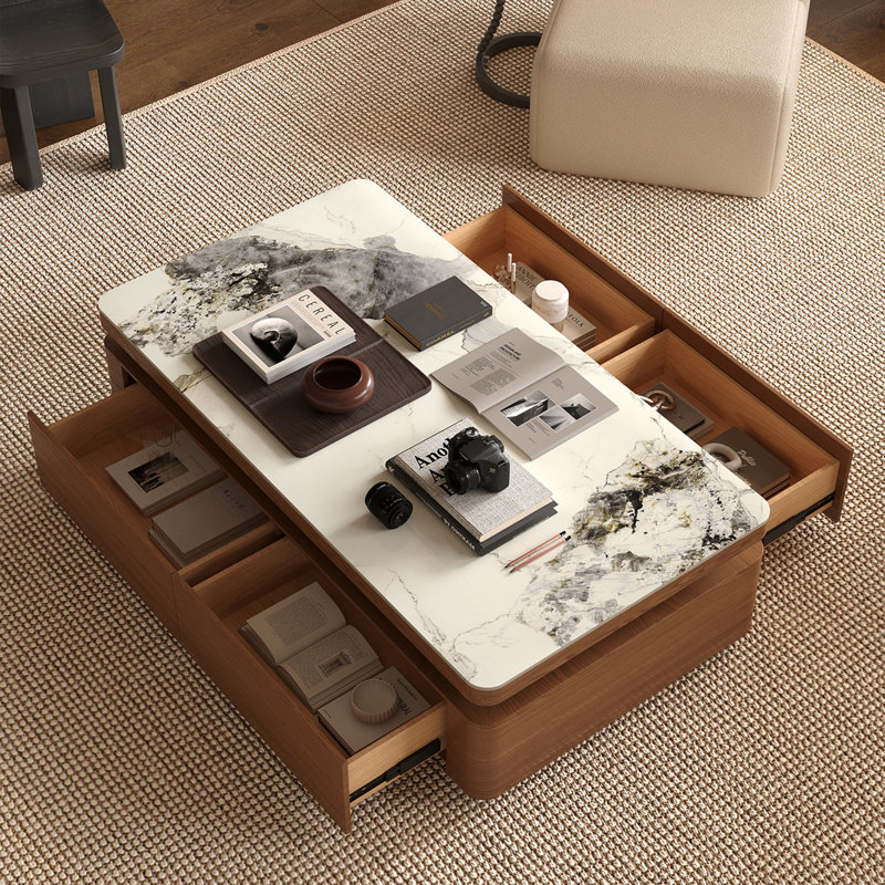 Medieval-style rectangular stone slab coffee table, 15.7" H x 39.4" W x 19.7" D