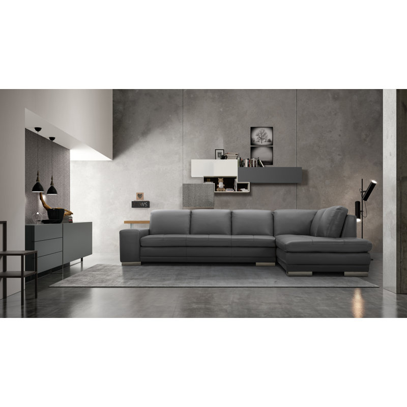 Canapé et chaise longue en cuir véritable Aleacia, Orienté à droite (vu de face), Cuir véritable gris