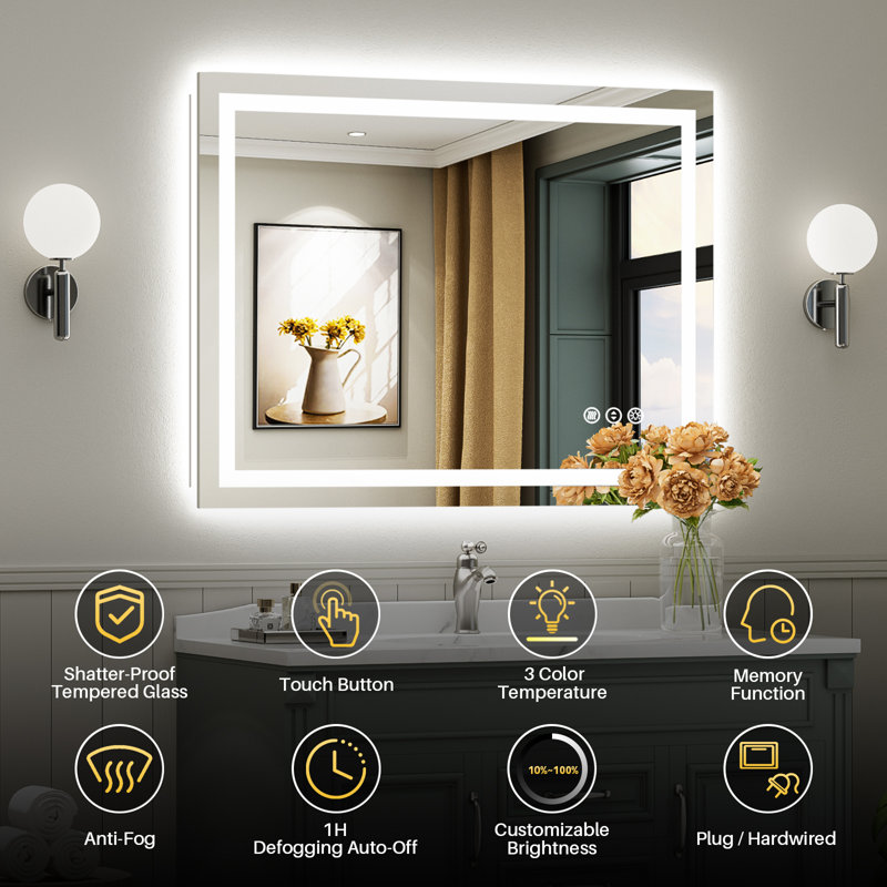 LED Bathroom Mirror with Lights, Backlit & Front Lit, Lighted Wall Mirrors for Bathroom Vanity, Touch Screen Dimmable, Anti-Fog, Memory Function, HD Tempered Glass, Shatter-Proof, ETL Listed